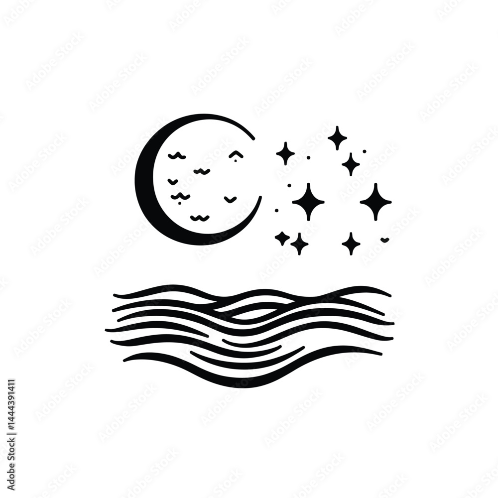 Poster crescent moon with waves and sparkling stars on transparent background design