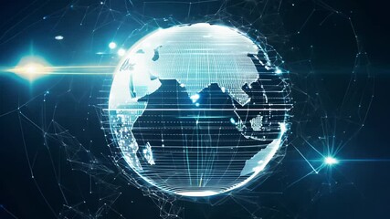 Pulsing digital nodes connecting and disconnecting across a dynamic wireframe sphere, symbolizing a global communication network, smooth loop