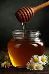 Honey Jar with Spoon: A rustic jar of honey with a wooden spoon dipped into it, set on a wooden table with scattered wildflowers.	
