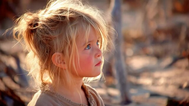 Portrait of a blond haired young girl looking thoughtfully into the distance with bright blue eyes in golden sunlight