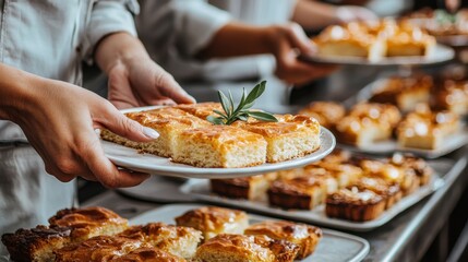 Person holding a plate of delicious food during a celebration event with colleagues and friends in a joyful atmosphere