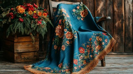 Floral patterned blanket draped over wooden chair, beside a wooden box with flowers.