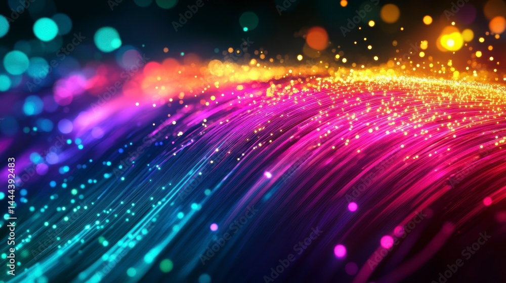 Poster abstract colorful glowing lines and particles.
