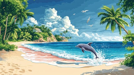 Tropical paradise beach scene with dolphin
