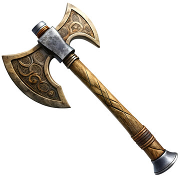 Axe and ax with wooden handle shown in weapon technic png format