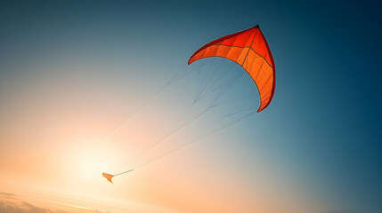 Obraz premium An orange kite soars through the air contrasting with the gradient sky during sunset
