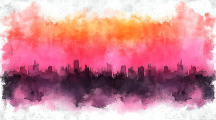 A skyline impressionistic painting using orange pink and purple shades on a rough textured surface