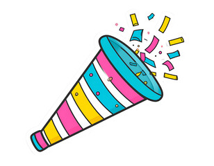 Cartoon party horn with exploding confetti