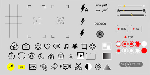 Mobile Camera Interface with Photo & Video Mode, Grid Focus, Zoom Settings, Touch Focus & Flash Icons – Vector Flat Design