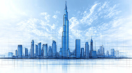 Obraz premium A sprawling city skyline dominated by a towering skyscraper under a cloudy sky rendered in blue architectural lines