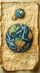 Fototapeta premium An illustration of Earth on crinkled paper showing continents oceans and clouds with another sphere above