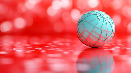 Blue globe with silver lines sits on reflective surface against a red bokeh background