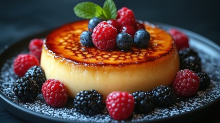 Dessert with berries and mint on a plate against a dark background.