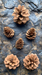 Fototapeta premium Five pinecones on textured slate surface two larger cones at the top and bottom three smaller in middle