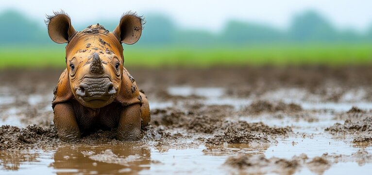 Adorable Baby Rhino Playing in the Mud: A Wildlife Photography Masterpiece