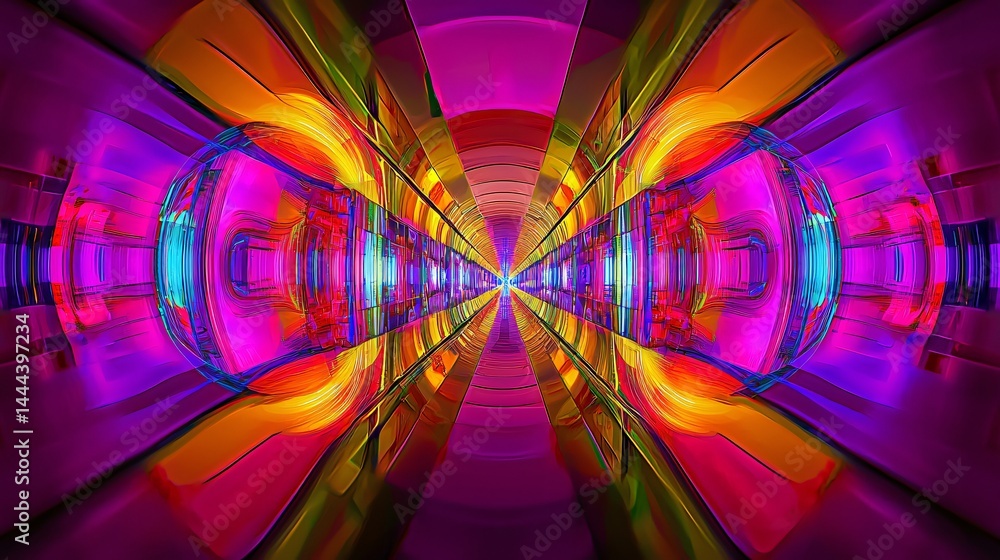 Poster vibrant and colorful abstract tunnel with radiant highlights creating a kaleidoscope vision of light
