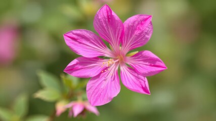 A vibrant pink flower with five delicate petals blooms brightly in a lush green garden setting.