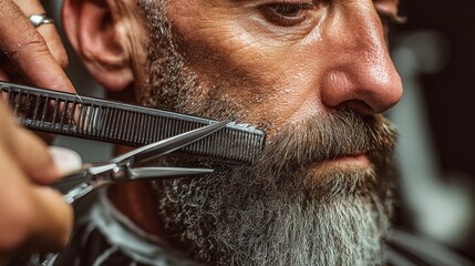 A man is getting his beard trimmed by a barber