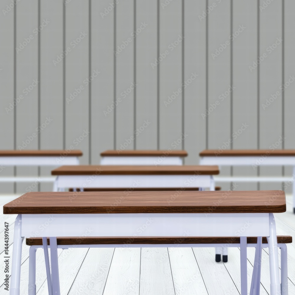 Poster neat row of brown and white school desks arranged in a classroom setting for learning activities