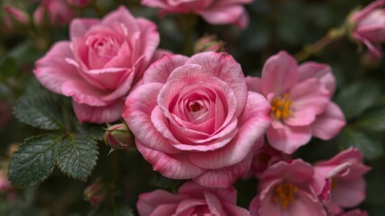 Obraz premium A cluster of delicate pink roses blossoms in a lush garden setting showcasing their beauty and vibrant color.