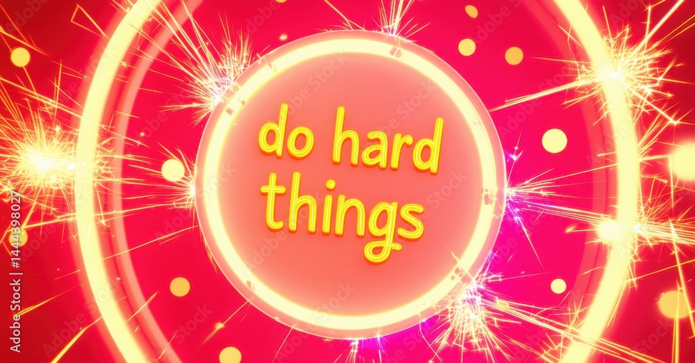 Poster bright red background features text do hard things within concentric yellow rings. fireworks sparkle