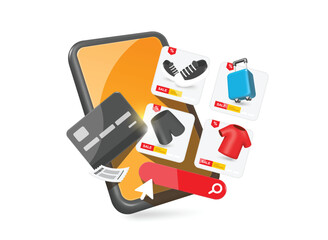 Product is on an online shopping platform. There is a pop-up on screen of smartphone and credit card and receipt paper are placed next to it after payment, vector 3d isolated for E-commerce concept