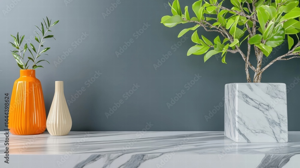 Poster elegant marble table displaying a matching marble vase and decorative plant creating a luxurious loo