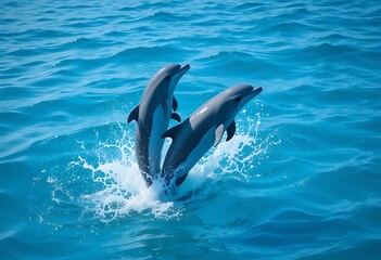 Obraz premium Dolphins Jumping Out of the Ocean Water on Sunny Day