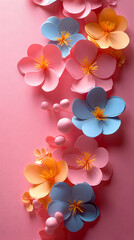 Elegant blossoms of pink blue and peach cascade down a pink backdrop perfect for a springtime celebration