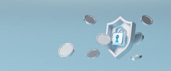 Financial security, money loss or wealth protection, defense from cyber attack or economic recession concept. Security shield with coins, online payment protection, online transaction. 3d rendering