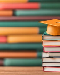 Graduation cap elegantly positioned on a stack of books signifying academic success and knowledge