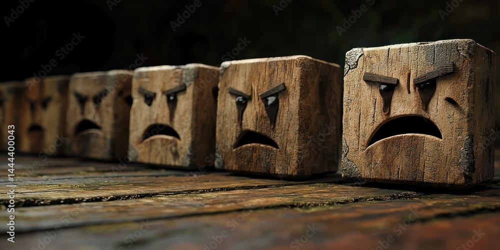 Fototapete a row of blocks with visibly crumbling, tearful faces symbolizing the decline of a brand.