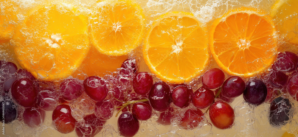 Poster fresh fruits frozen in ice with vibrant oranges and grapes creating a refreshing visual.