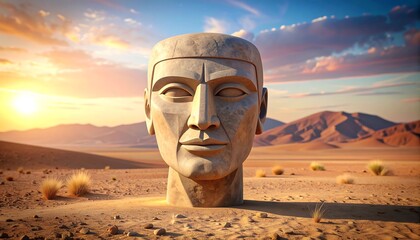 Stone Sculpture of a Face in an Arid Landscape,artwork, daytime, desert, eye, geometric, hill, sunlight, arid, art, face, installation, modern art, rock, sculpture, sunlit, blue, desert landscape, 