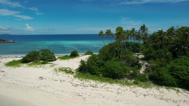 Deserted Tropical island with Palm trees and sign saying help me- Monuriki island Fiji