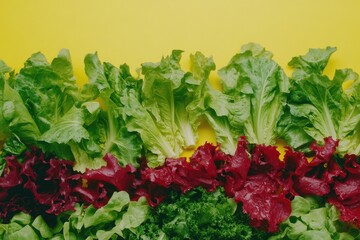 Fresh, vibrant greens and red leaf lettuce arranged in horizontal rows on a bright yellow background