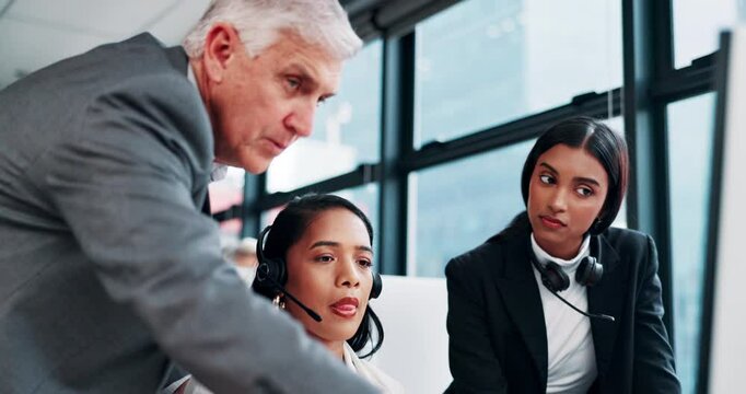 Call center manager, help and teamwork with computer for sales advice, website glitch and CRM systems error. Telemarketing, woman and mentor with assistance for product knowledge and customer enquiry