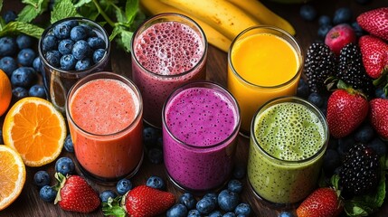 A variety of colorful smoothie bowls visually appealing in a healthy breakfast setup with fresh ingredients