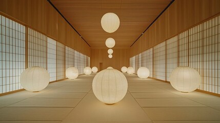 Calm, serene Japanese-style interior with soft lighting