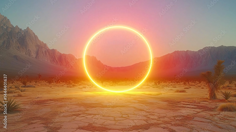 Poster unique desert scene featuring a circle of light illuminating the landscape creating an otherworldly 