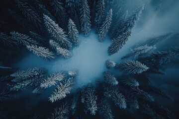 Snowy forest, aerial view, frosty trees,  muted colors,  calm scene