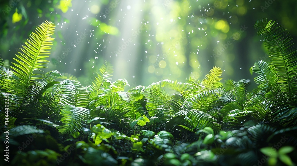 Poster radiant forest illuminated by sunlight as it streams through leaves creating a peaceful atmosphere o
