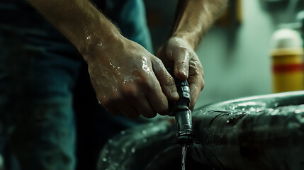 Mechanic Washing Hands in Grease Bucket