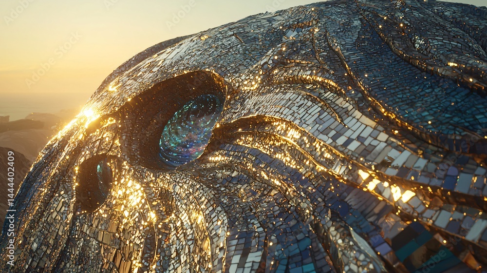 Poster a large elephant sculpted from mirrors reflecting its surroundings with a golden hour glow in abstra
