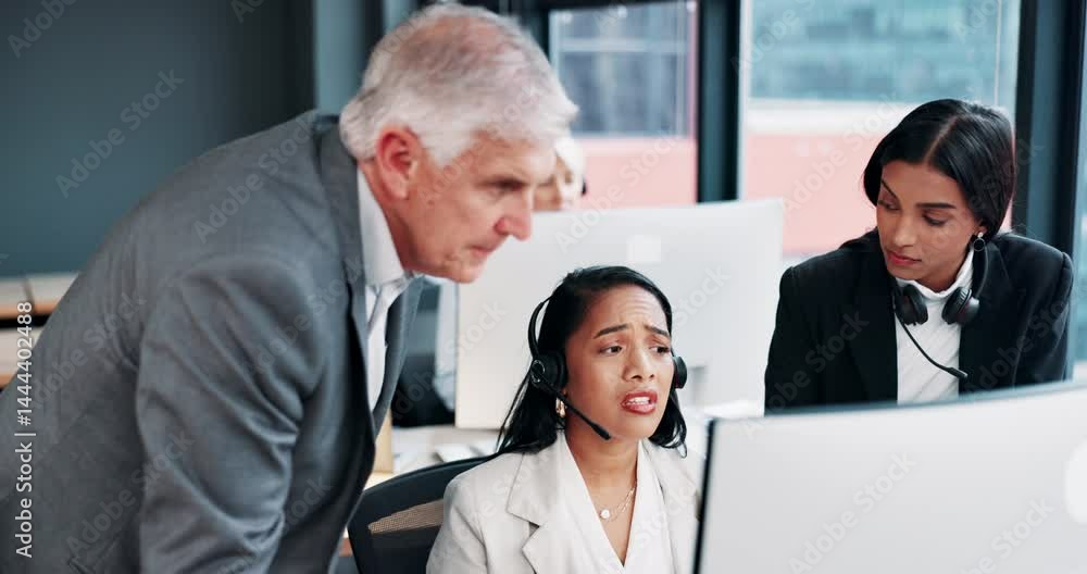 Aufkleber Call center manager, advice and teamwork with computer for problem solving, website glitch and CRM systems error. Telemarketing, woman and mentor with assistance for sales mistake or customer enquiry