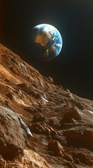 Earthrise seen from a rocky red terrain with bright city lights visible on the earths surface