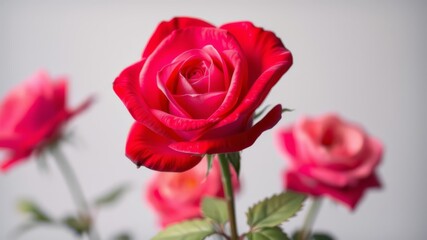 A single vibrant red rose stands out among two slightly blurred pink roses against a neutral gray background.