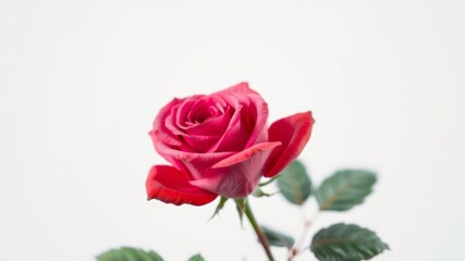 Fototapeta premium A single vibrant pink rose blooms elegantly against a stark white background showcasing its delicate petals and lush green leaves.