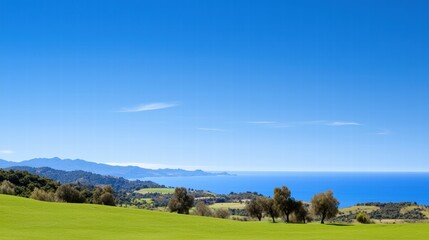 Fototapeta premium A stunning and expansive view of a lush green field under a bright blue sky with fluffy clouds