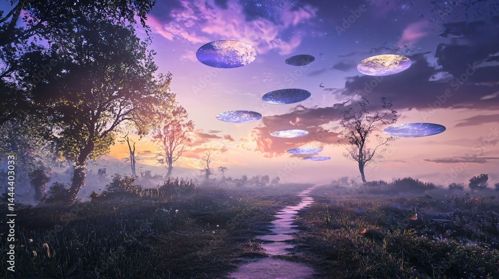 Poster a scenic path leading into a mystical forest with enchanting flying objects against a twilight glow 